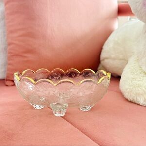 Vintage 1950s Louisa Candy Dish Jeanette Glass Clear Oval Scallop Edge Gold Trim